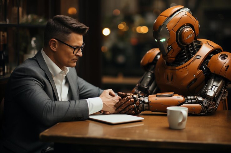 Man doing job interview with robot